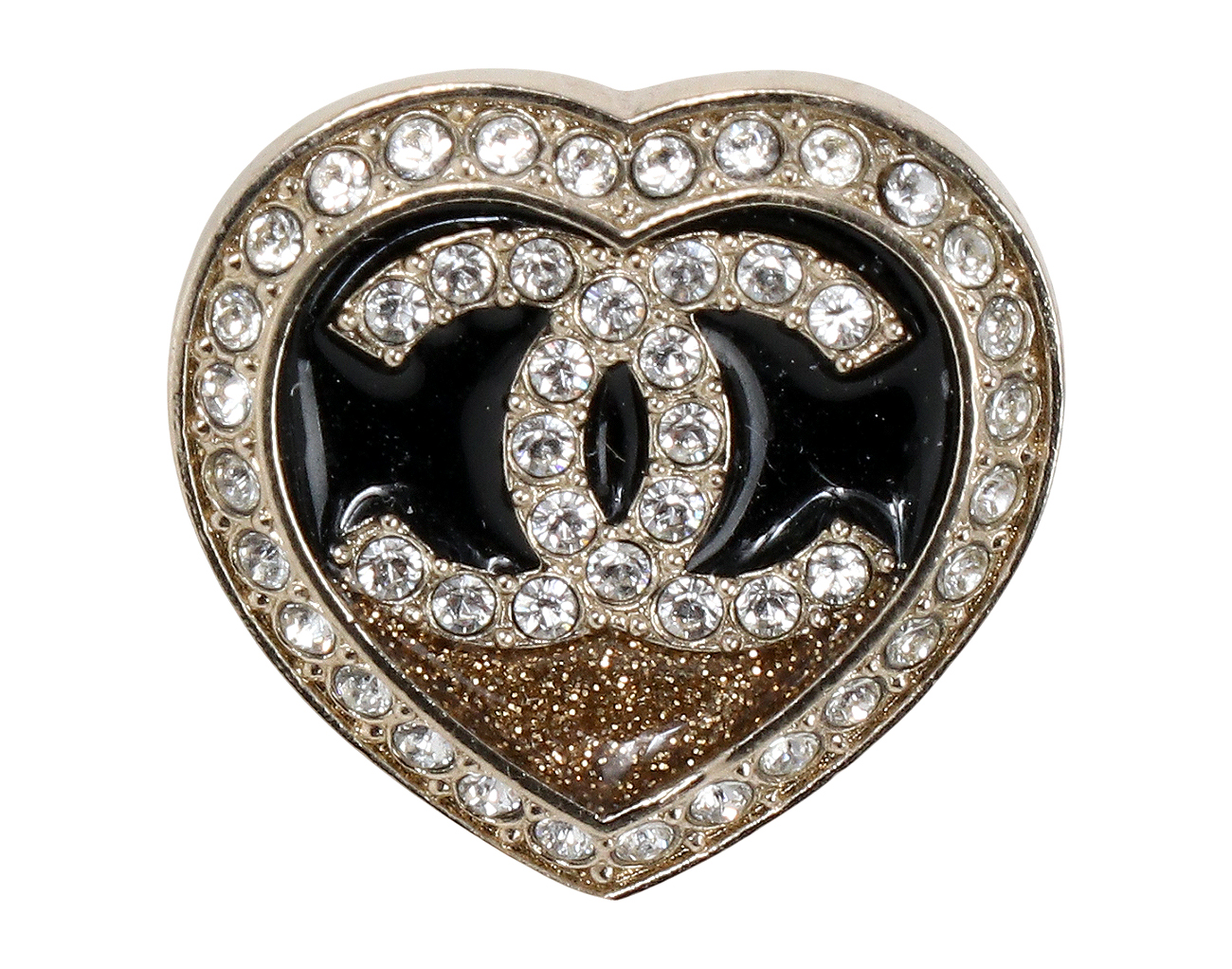 샤넬 크리스탈 하트 CC 브로치 블랙 샴페인골드
