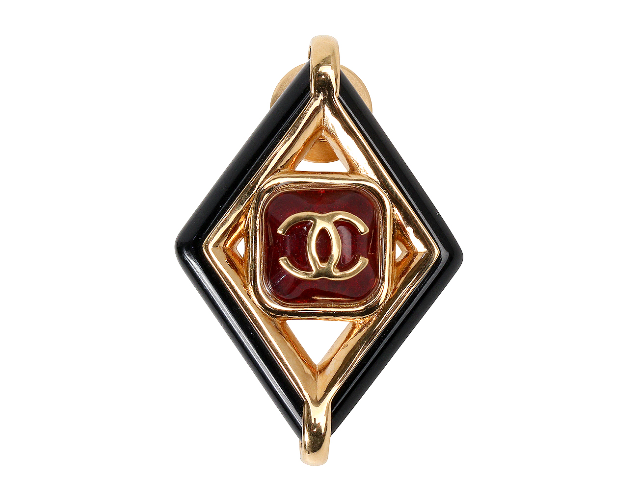 샤넬 롬버스 잼스톤 CC 브로치 블랙 레드 금장