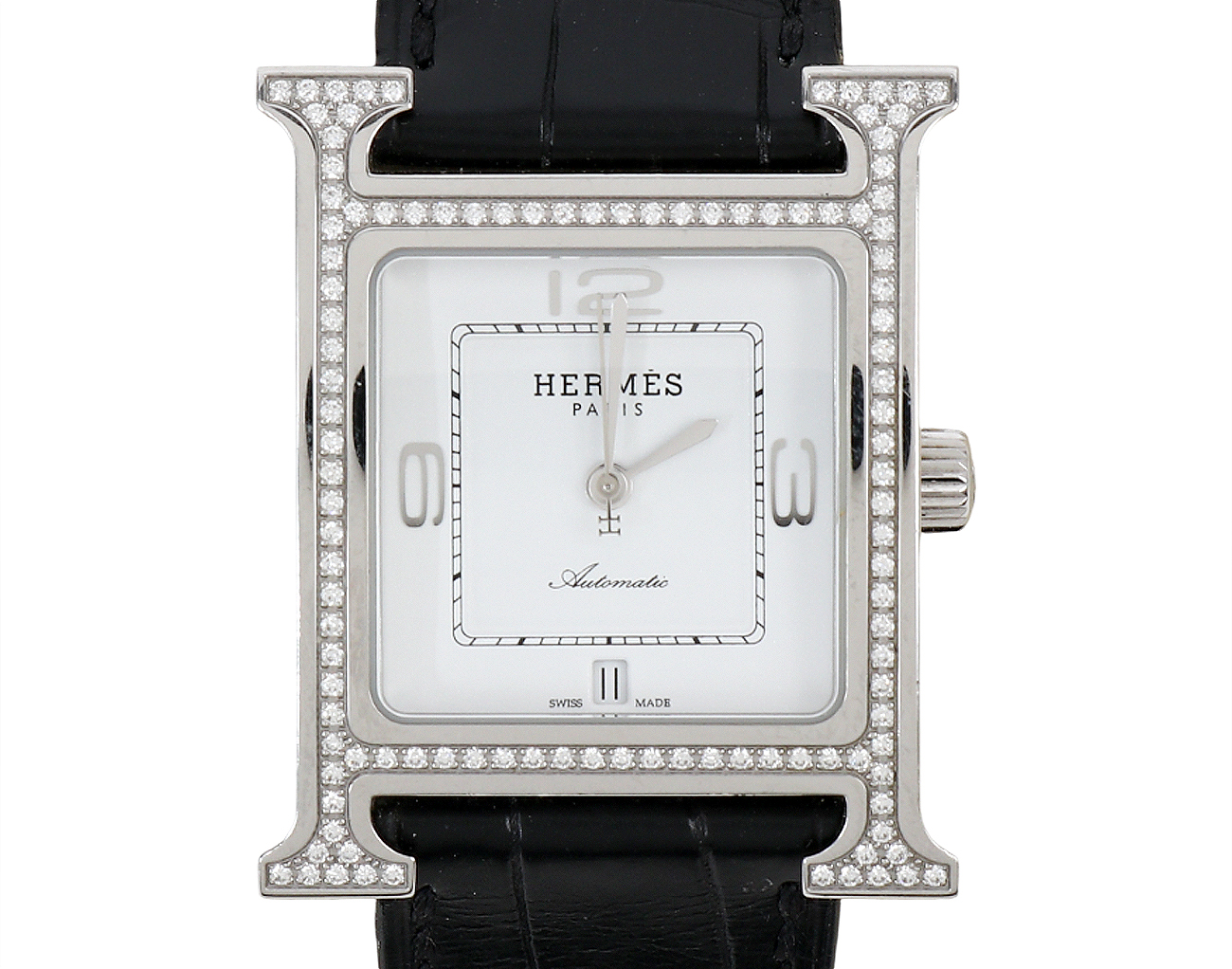 에르메스 H 아워 오토매틱 워치 미디엄 스틸 다이아몬드
