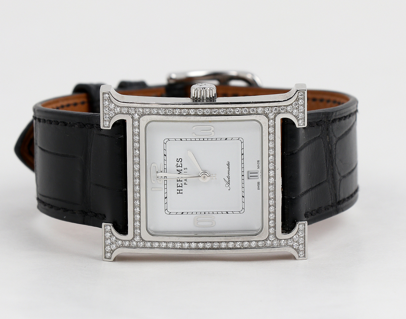 에르메스 H 아워 오토매틱 워치 미디엄 스틸 다이아몬드