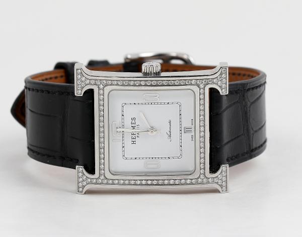 에르메스 H 아워 오토매틱 워치 미디엄 스틸 다이아몬드