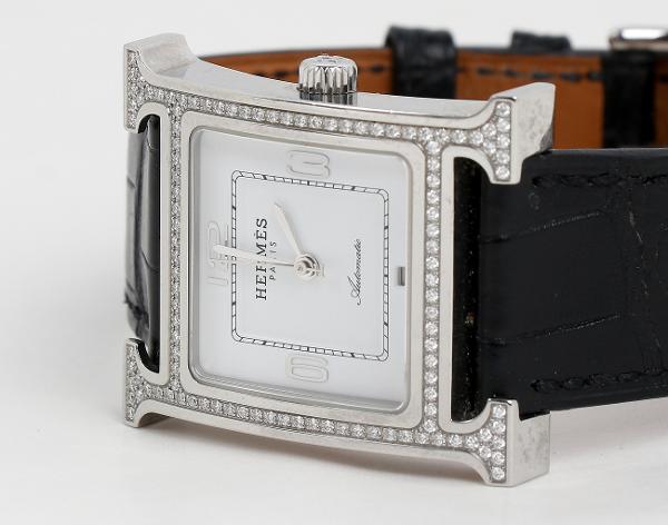 에르메스 H 아워 오토매틱 워치 미디엄 스틸 다이아몬드