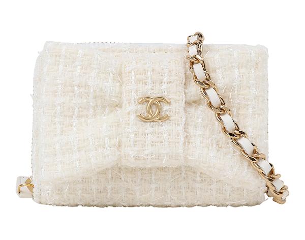 샤넬 트위드 리본 카드 홀더 아이보리 금장