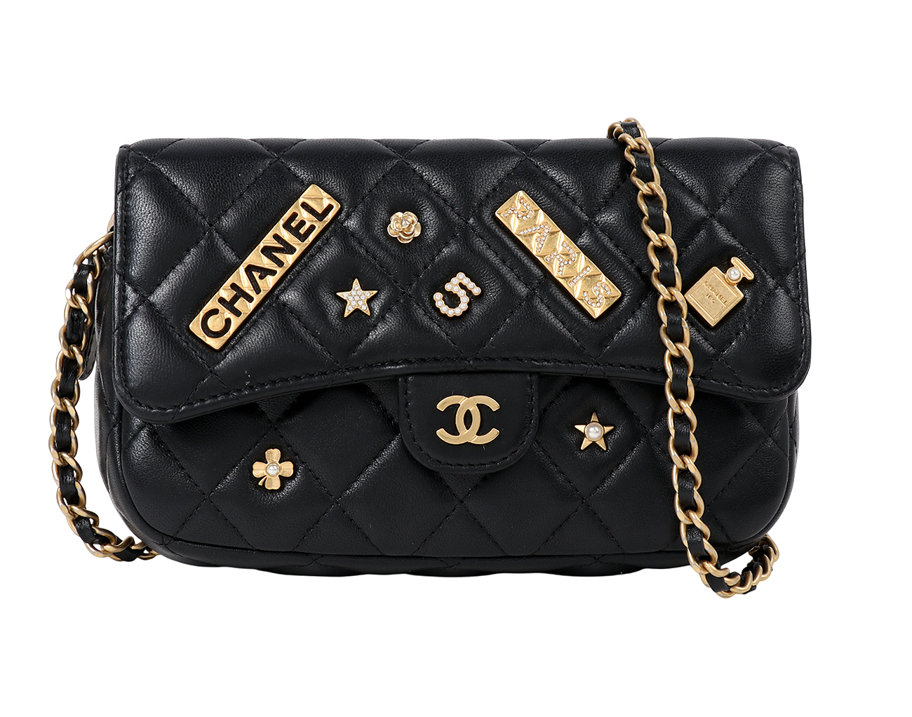 샤넬 럭키참 클래식 플랩 체인 폰 홀더 블랙 금장