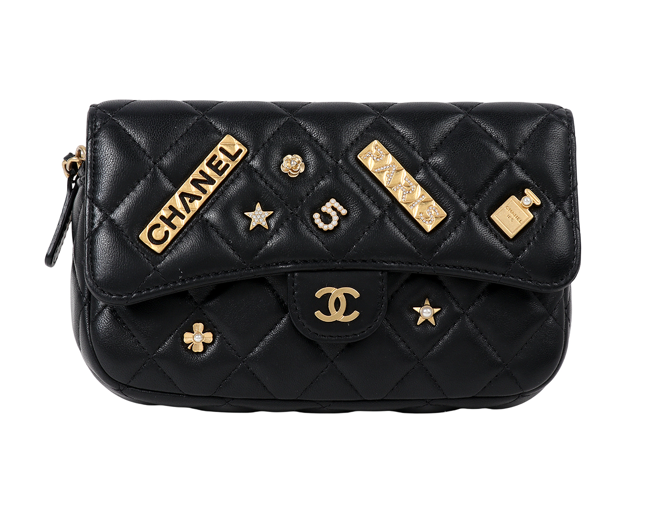 샤넬 럭키참 클래식 플랩 체인 폰 홀더 블랙 금장