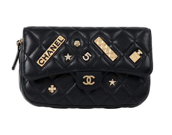 샤넬 럭키참 클래식 플랩 체인 폰 홀더 블랙 금장