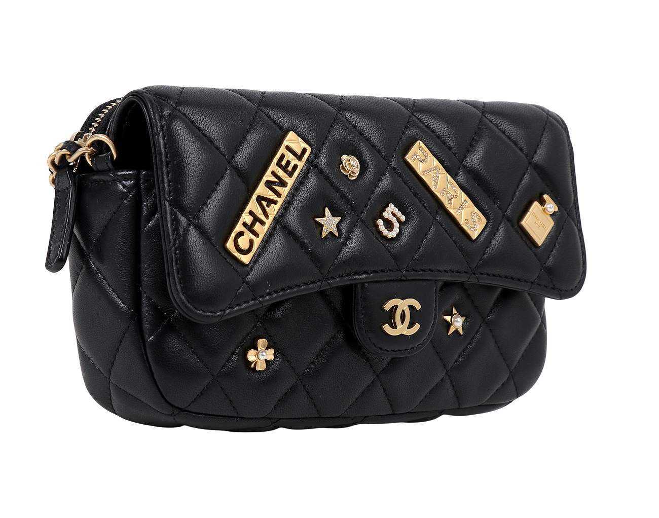 샤넬 럭키참 클래식 플랩 체인 폰 홀더 블랙 금장