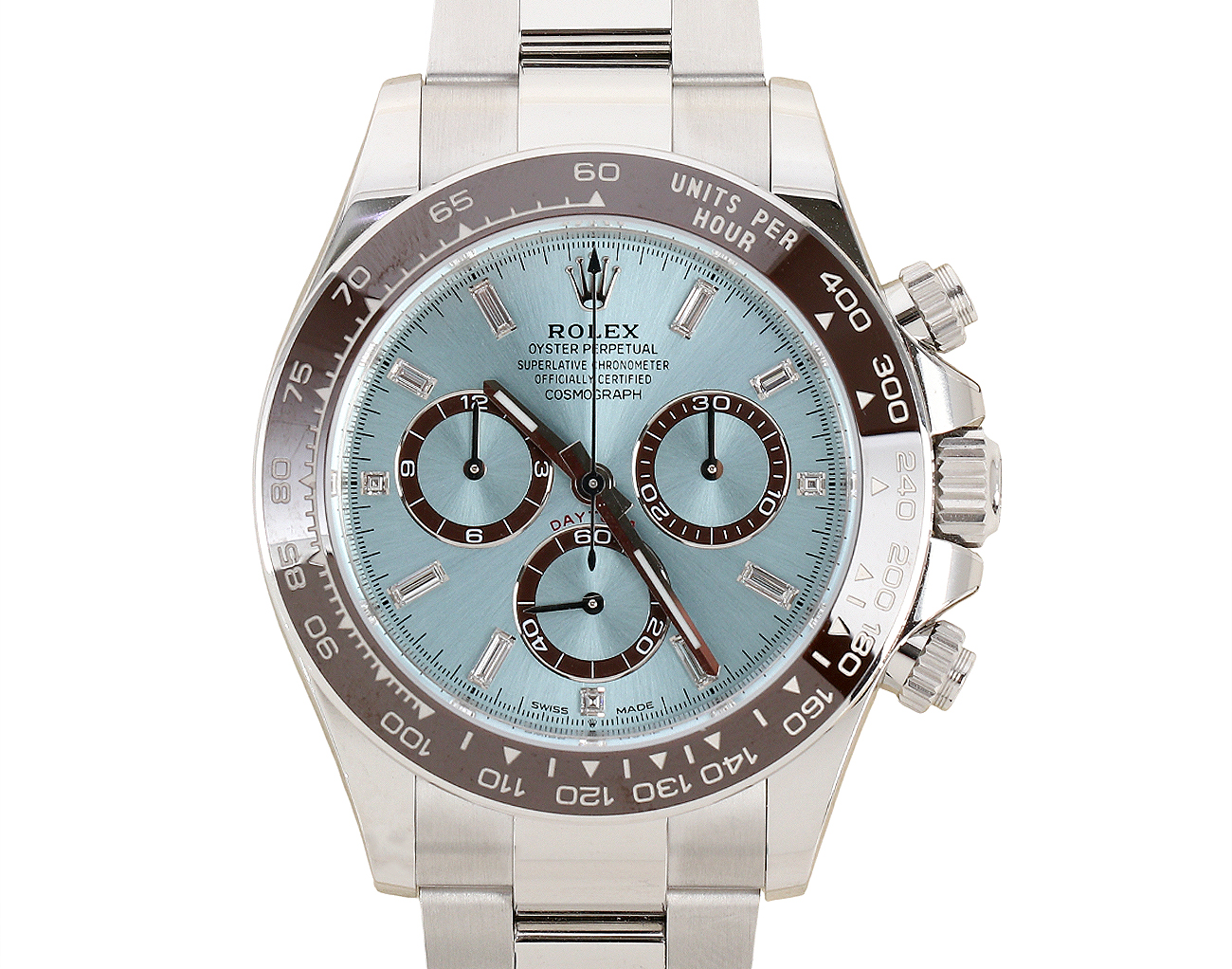 로렉스 데이토나 40mm 플래티넘 아이스 블루 바게트 다이아몬드 126506