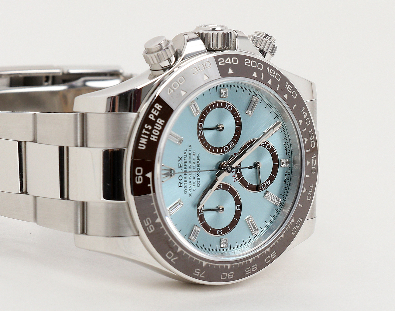 로렉스 데이토나 40mm 플래티넘 아이스 블루 바게트 다이아몬드 126506