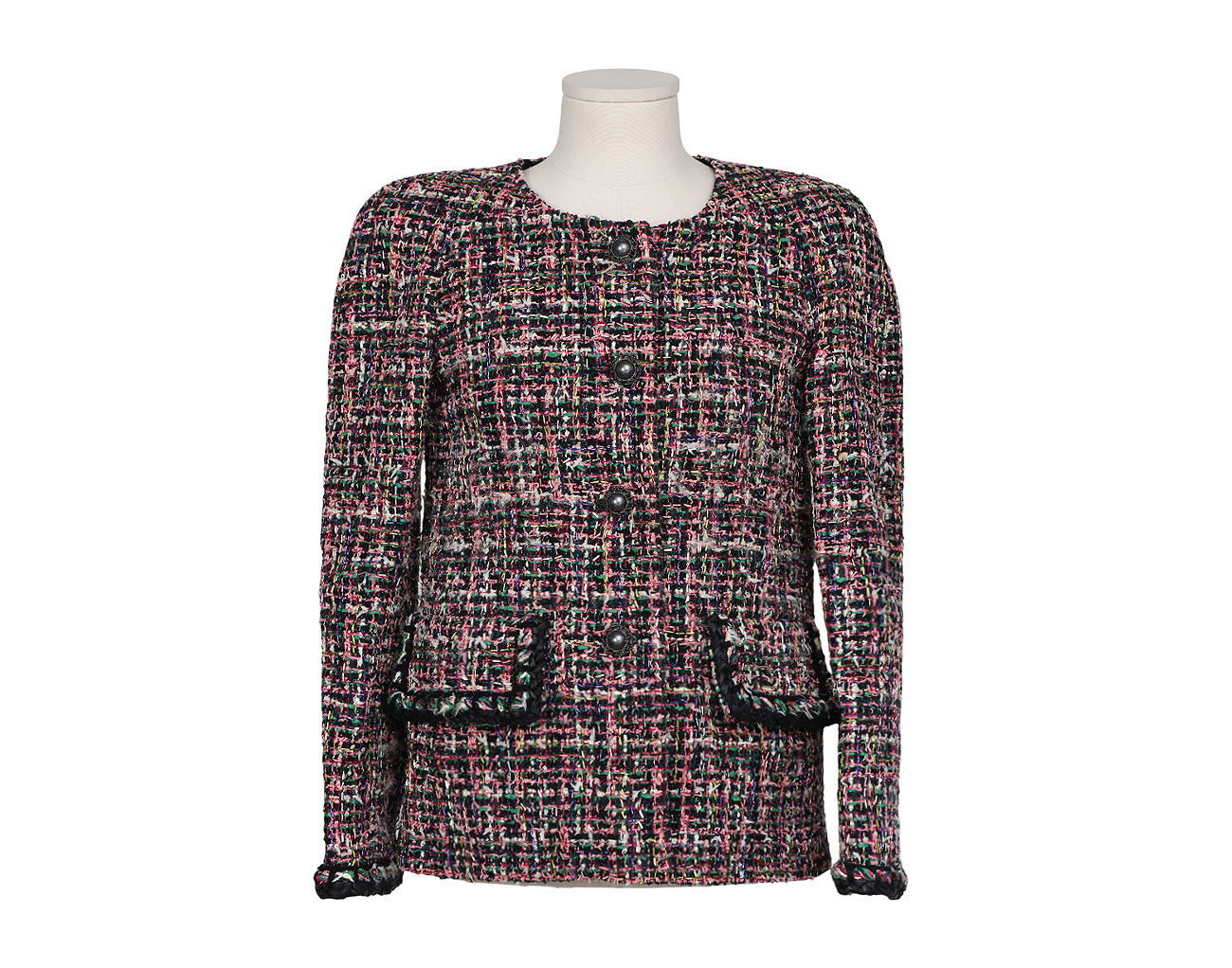 샤넬 트위드 재킷 핑크 블랙 그린 34