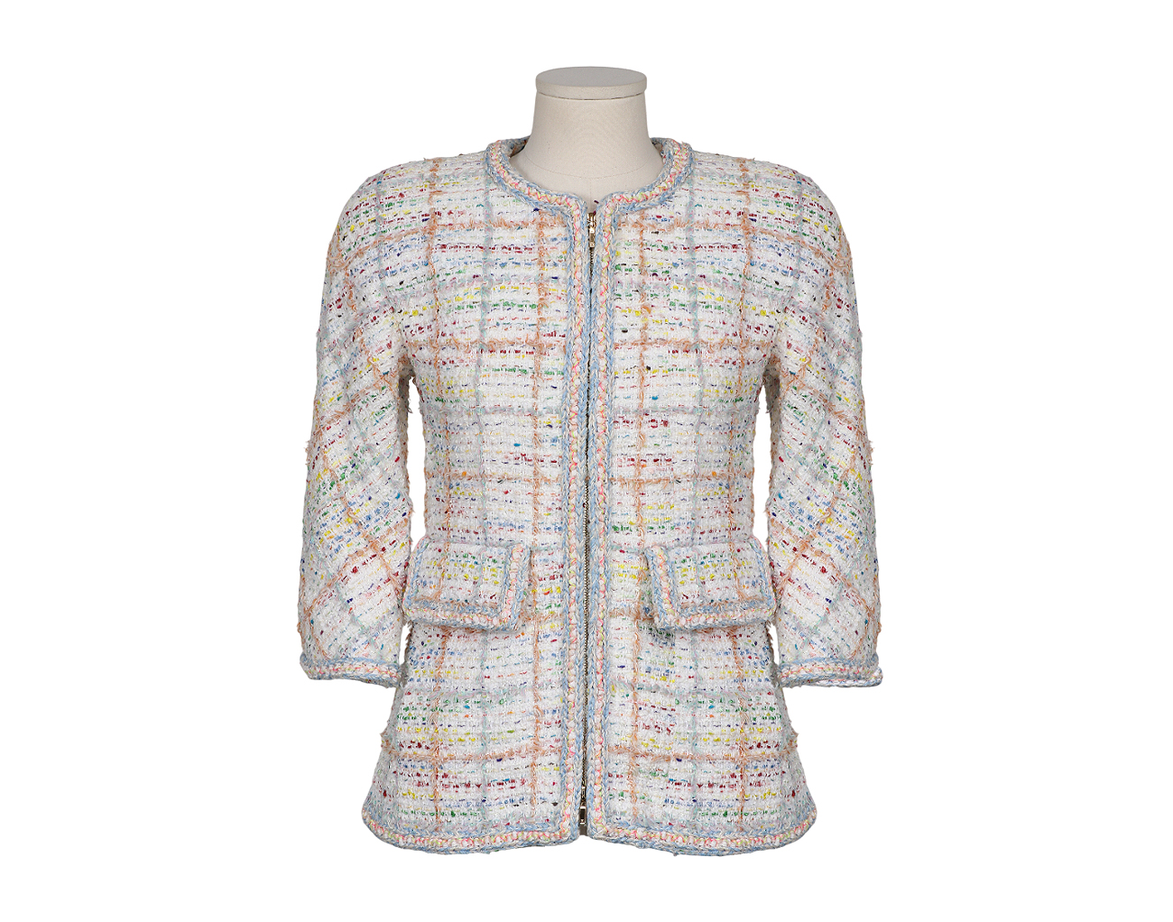 샤넬 트위드 재킷 화이트 블루 그린 옐로우 34