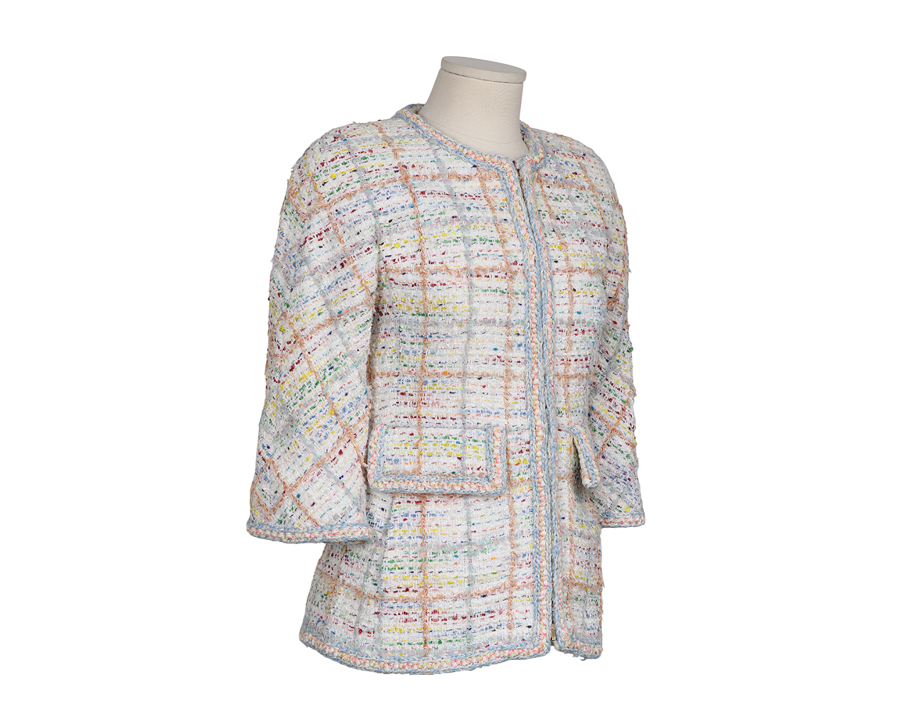 샤넬 트위드 재킷 화이트 블루 그린 옐로우 34