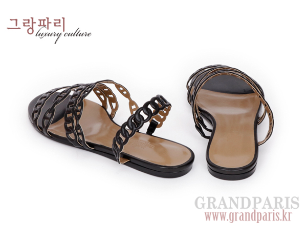 에르메스 블랙 샹달 체인 스트랩 플랫 슬리퍼 36 1/2