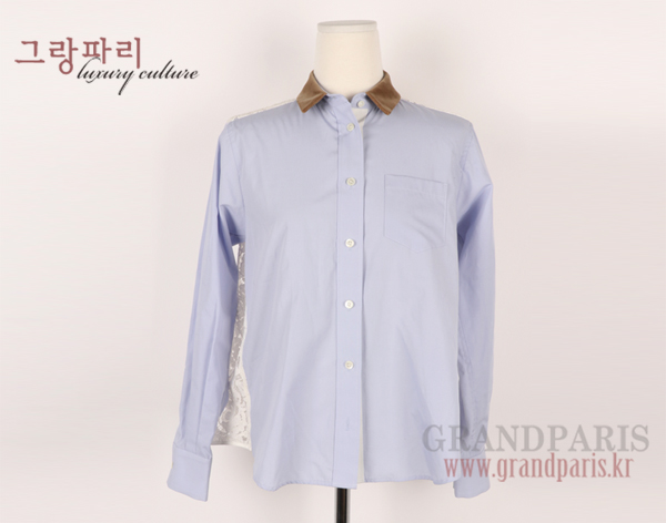 사카이 카멜 베이지 벨벳 카라 콘플라워 블루 화이트 레이스 백 블라우스 1