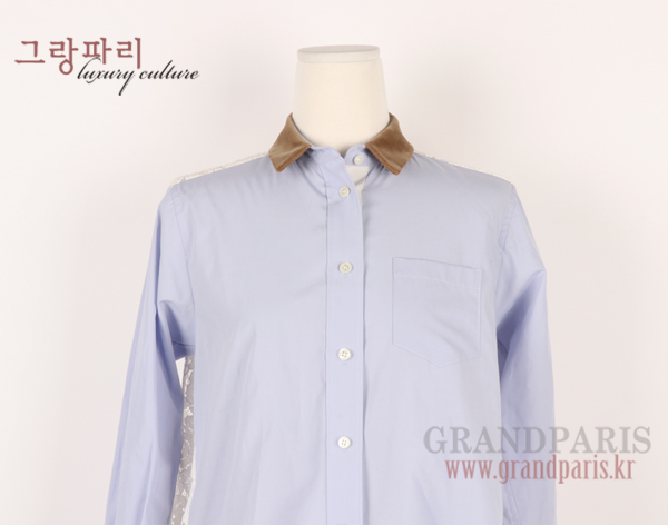 사카이 카멜 베이지 벨벳 카라 콘플라워 블루 화이트 레이스 백 블라우스 1