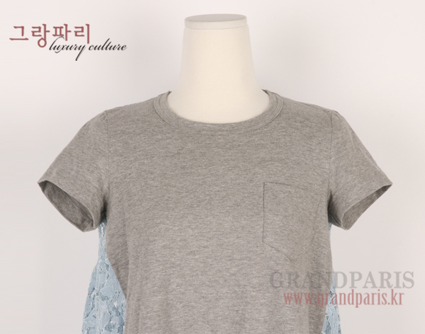 사카이럭 멜란지그레이 블루 레이스 백 박시 민소매 A라인 티셔츠