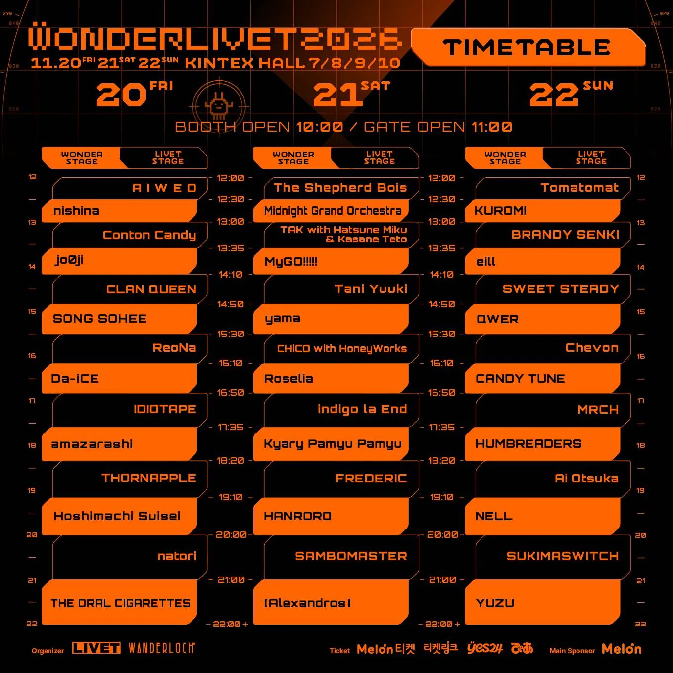 김성일의 11월 20일부터 22일까지 진행될 WONDERLIVET 2026 타임테이블이 공개되었습니다. 여러 한/일 밴드가 라이브를 펼치며, 공연 장소는 킨텍스입니다. 예매는 멜론티켓, 티켓링크, 예스24, PIA에서 할 수... 이미지
