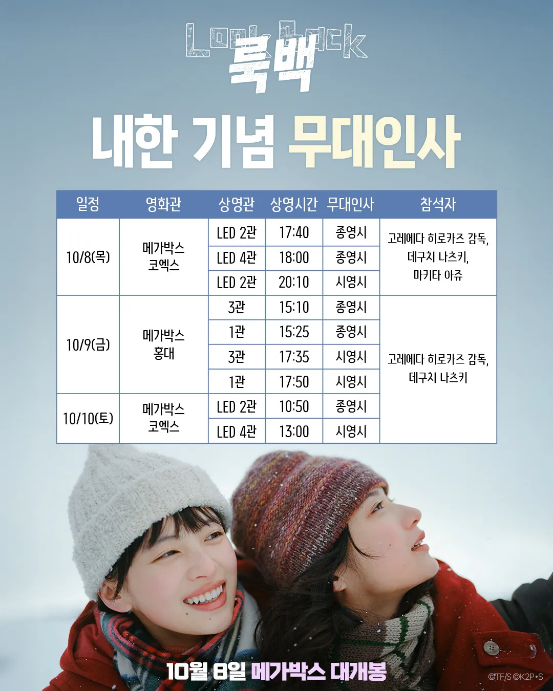 김성일의 메가박스에서 단독 개봉을 할 일본 #영화 [룩백(Look Back)] 서울 내한 무대인사 일정이 공개되었습니다. 10월 08일부터 10일까지 진행되네요. 이미지