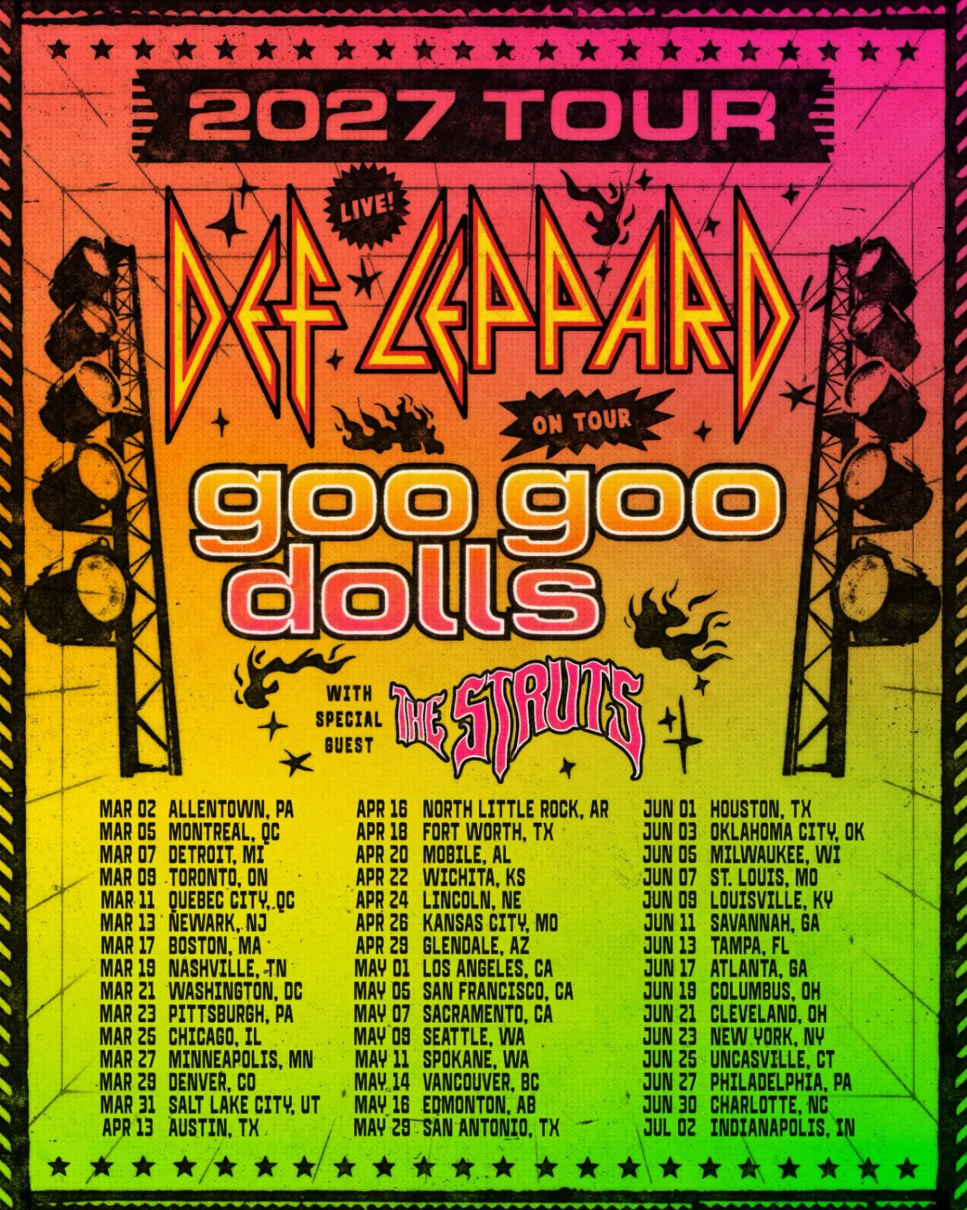 김성일의 #밴드 데프 레파드(Def Leppard)와 구 구 돌스(Goo Goo Dolls)가 내년(* 2027년) 미국 투어 일정을 공개했습니다. 기대되고 멋진 조합이네요. 이미지
