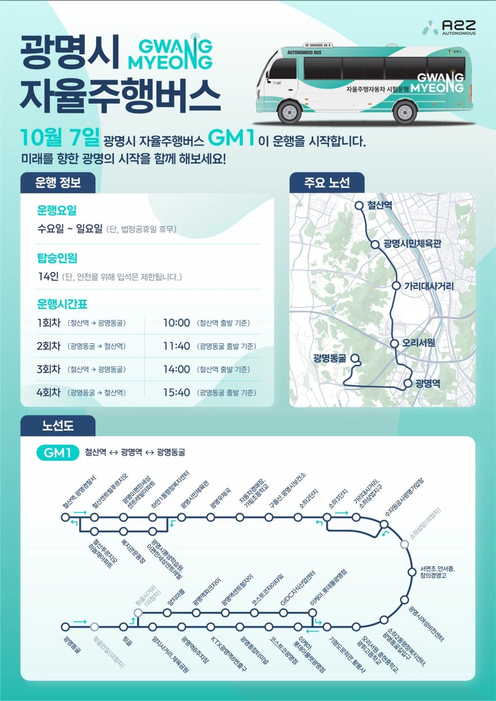 김성일의 광명시에 철산역에서 광명 동굴까지 운행(* 매주 수요일부터 일요일까지 운행)하는 무인 버스가 다니나 보네요. 현재는 무료입니다. 노선을 보니 기형도문학관과 이케아, 코스트코, 광명(KTX)역에도 정차합니다. 언제 한... 이미지