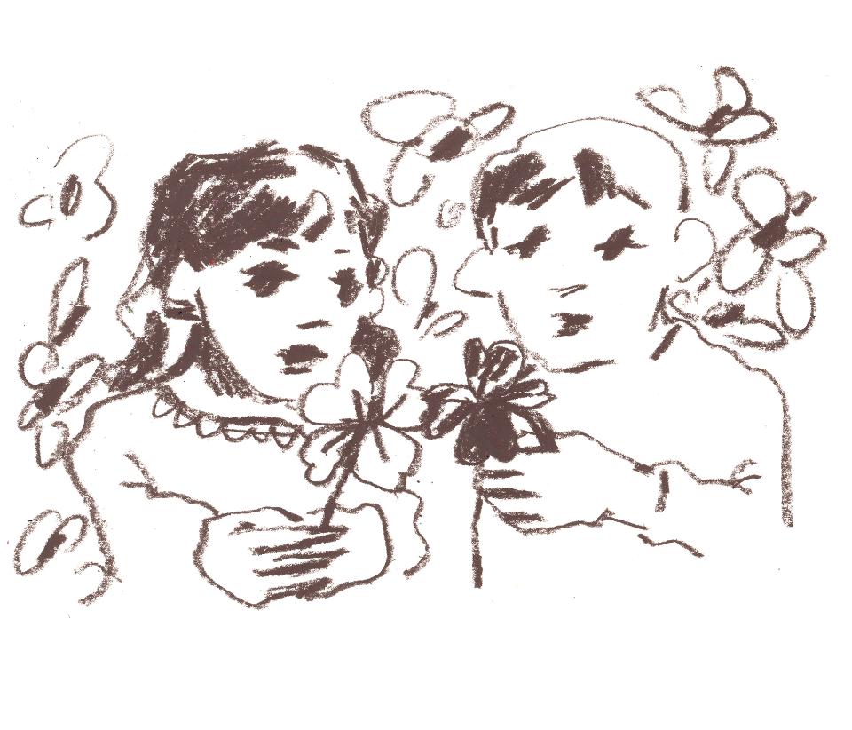A boy and a girl holding flowers