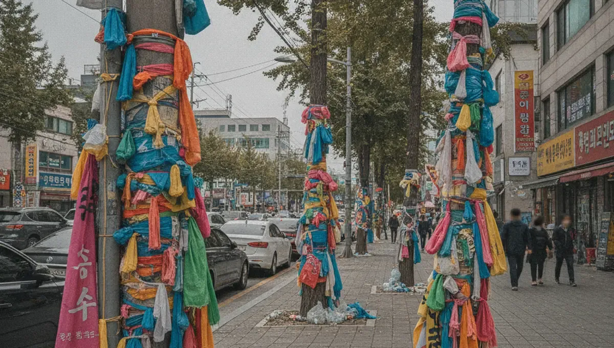 전신주와 가로수에 케이블타이로 무단 게시된 현수막들, 바닥에 버려진 쓰레기 - 불법 광고물 단속 대상
