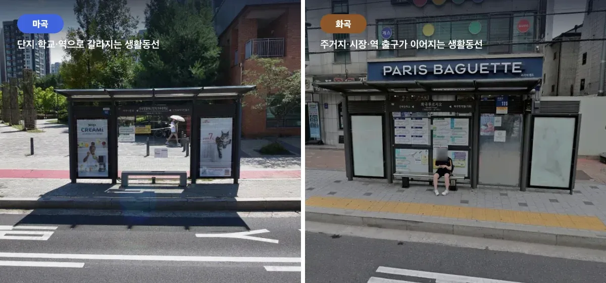 마곡 단지 동선과 화곡 주거지 동선의 버스정류장 비교