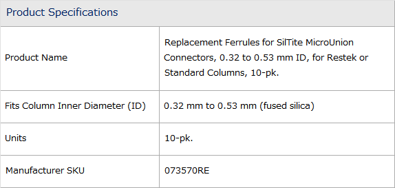 Ferrule, SilTite, Replacement Ferrules for MicroUnion 0.32 to 0.53mm ID ...