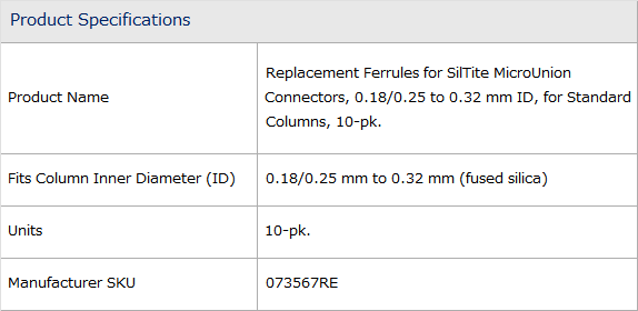 Ferrule, SilTite, Replacement Ferrules for MicroUnion 0.25 to 0.32mm ID ...