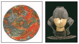 ▲ 남원유곡리 두락리고분 출토 청동거울과 철제유물(왼쪽)과 남원 월산리에서 출토된 갑주.