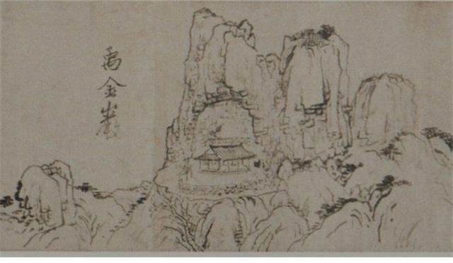 ▲ 강세황의 우금암도에 묘사된 원효방. 개암사 뒤 우금바위 굴에 만들어진 암자. 오른쪽 바위중턱이 원효방으로 파악됨