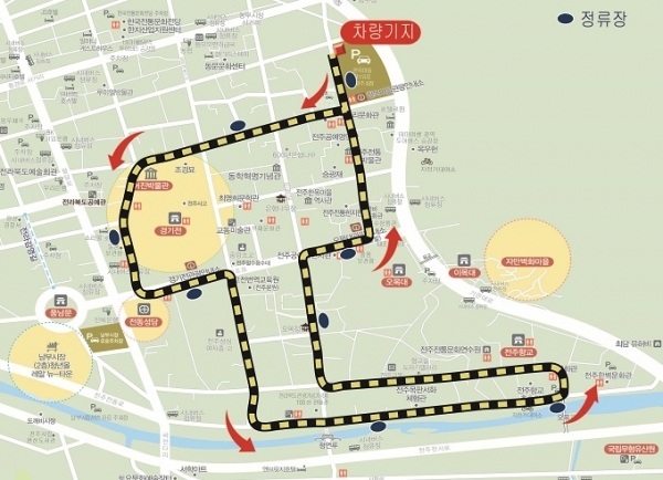 전주 한옥마을 관광트램 노선 계획안.