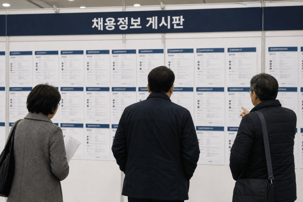 기사 이해를 돕기 위한 AI 생성 이미지 ㅣ 채용정보 게시판을 살펴보고 있는 중장년층