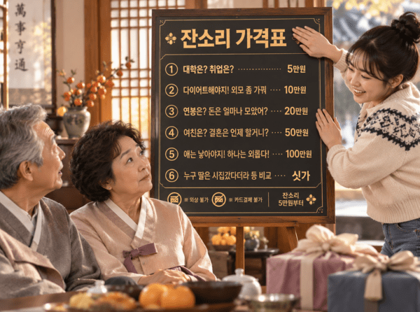 기사 이해를 돕기 위한 AI 생성 이미지 | 명절 잔소리 가격표를 사이에 둔 가족