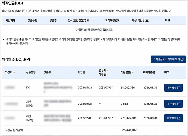 통합연금포털 퇴직연금 계약정보 조회 화면 | 자료: 통합연금포털