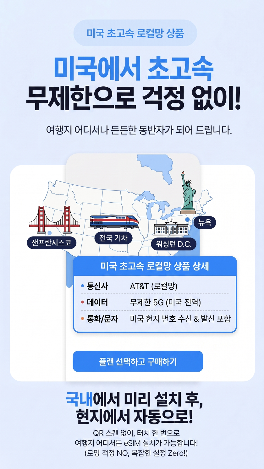미국 초고속 로컬망 전지역 뉴욕 AT&T 현지 번호 통화 문자 VPN 무료 상세 이미지 4